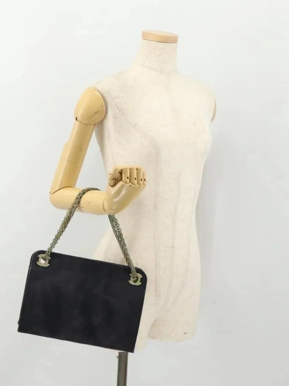 CHANEL Matelasse Chain Hand Bag Cotton Navy Gold CC Auth YKZ061